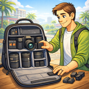 Cartoon-style illustration of a travel photographer in their 40s at airport security with a camera bag opened flat. Camera