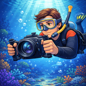 Compact underwater camera for YouTube content creators capturing travel scenes
