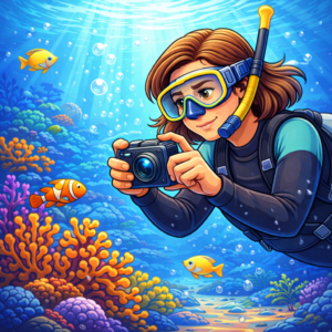 Compact waterproof camera capturing underwater photography