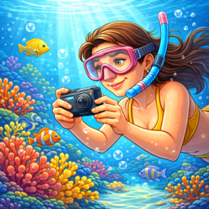 Compact waterproof underwater camera used for travel photography