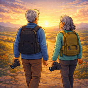 Experienced travelers using travel cameras to capture meaningful journeys