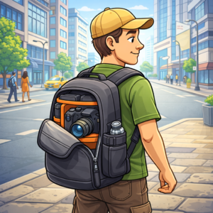 Minimalist backpack camera bag for urban travel creators