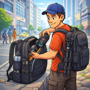 Professional backpack camera bag with modular attachments and quick access