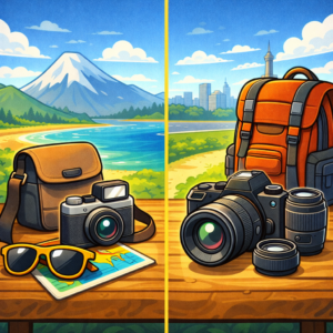 Side-by-side comparison of compact vs mirrorless travel setups