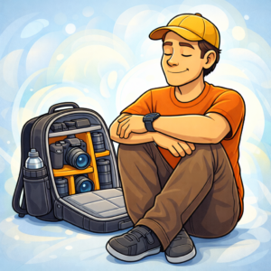Travel creator confidently using a backpack camera bag after making the right choice