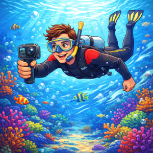 Waterproof camera used by social content creator filming underwater travel scenes 