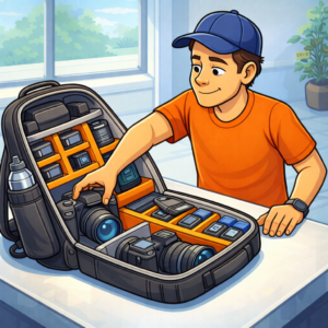 backpack camera bag laid open on a table