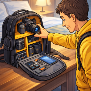camera travel backpack with organized compartments for video and photo gear