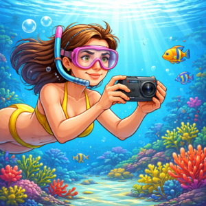 Travel creator evaluating underwater camera features while snorkeling