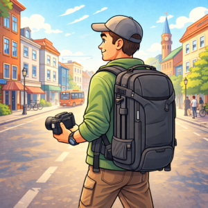 lightweight camera backpack worn by a travel photographer