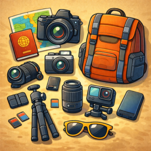 neatly laid-out flat-lay of a travel creator’s gear