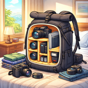 rolltop camera backpack opened slightly to reveal a removable padded camera