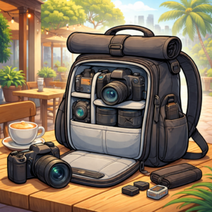 rolltop camera bag with removable camera cube for travel creators