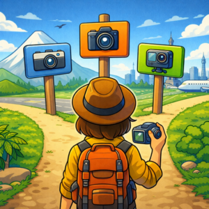 traveler standing at a crossroads choosing between different camera types