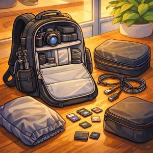 Accessories arranged around an open airline travel camera backpack