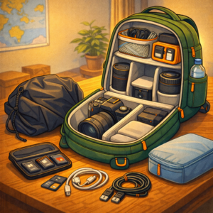 Backpack with travel camera accessories