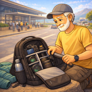 Camera backpack setup for long travel photography days