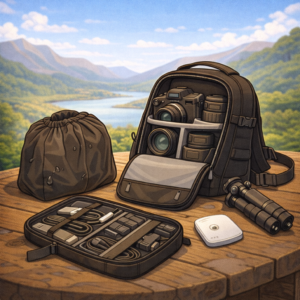 Camera bag accessories for travel photography setup