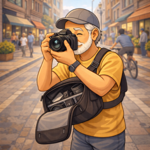 Camera sling bag offering fast access for street travel photography