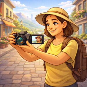 Camera with flip screen and stabilization used by solo travel creator