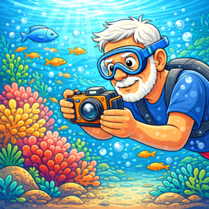 Careful explorer with underwater camera