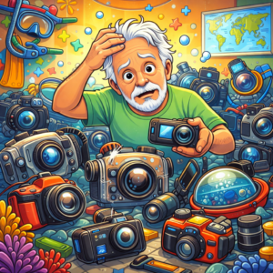 Confused creator surrounded by underwater cameras