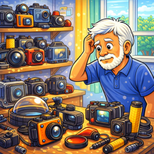 Confused traveler surrounded by underwater cameras