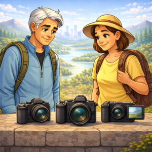 Different types of travel cameras with flip screens and stabilization