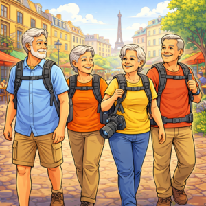 Group of seniors walking with camera backpacks
