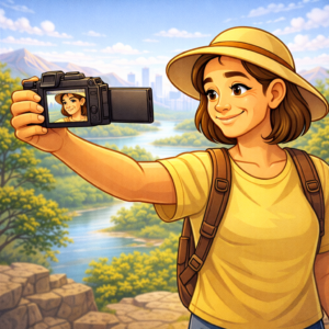 Hybrid travel camera with flip screen used for vlogging