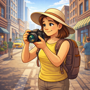 Mirrorless travel camera being used for city travel photography