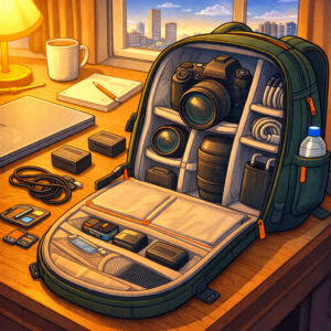 Neatly packed lightweight camera backpack