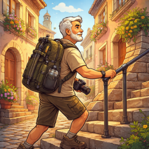 Older photographer walking uphill with a backpack camera bag