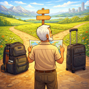 Older traveler deciding between two types of camera bag