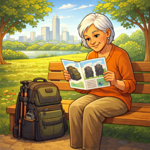 Older traveler reviewing information about a camera bag in a park
