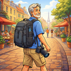 Older traveler walking comfortably with camera backpack