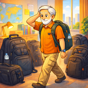 Overwhelmed creator comparing heavy backpacks