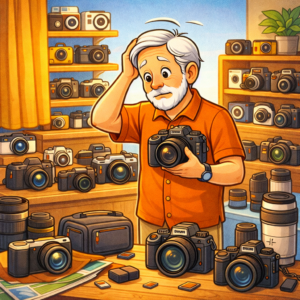 Overwhelmed senior surrounded by travel cameras