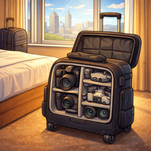 Premium rolling camera bag shown in a hotel room setting