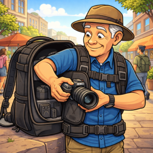 Senior accessing camera from travel backpack