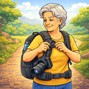 Senior attaching camera clip to backpack