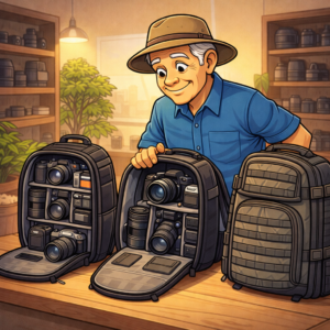 Senior choosing organized camera travel backpack
