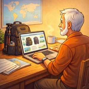 Senior creator researching travel tips with a camera bag nearby
