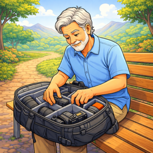 Senior organizing gear inside camera backpack