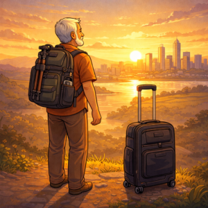 Senior photographer reflecting at sunset with a camera bag