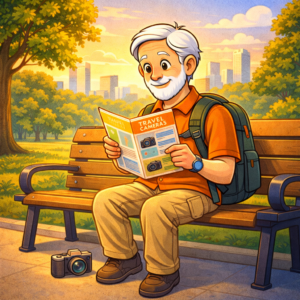 Senior reading brochure about travel cameras