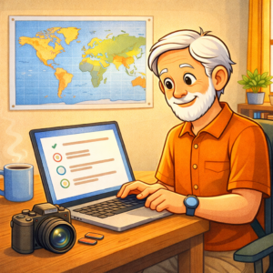 Senior taking travel camera quiz online