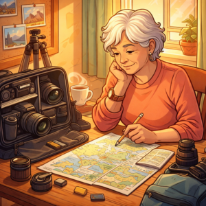 Senior travel creator planning with a camera bag before a trip