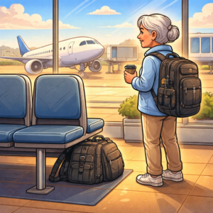 Senior traveler placing an airline travel camera backpack under an airplane seat