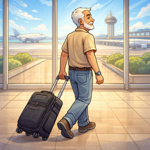 Senior traveler rolling a wheeled camera bag through an airport